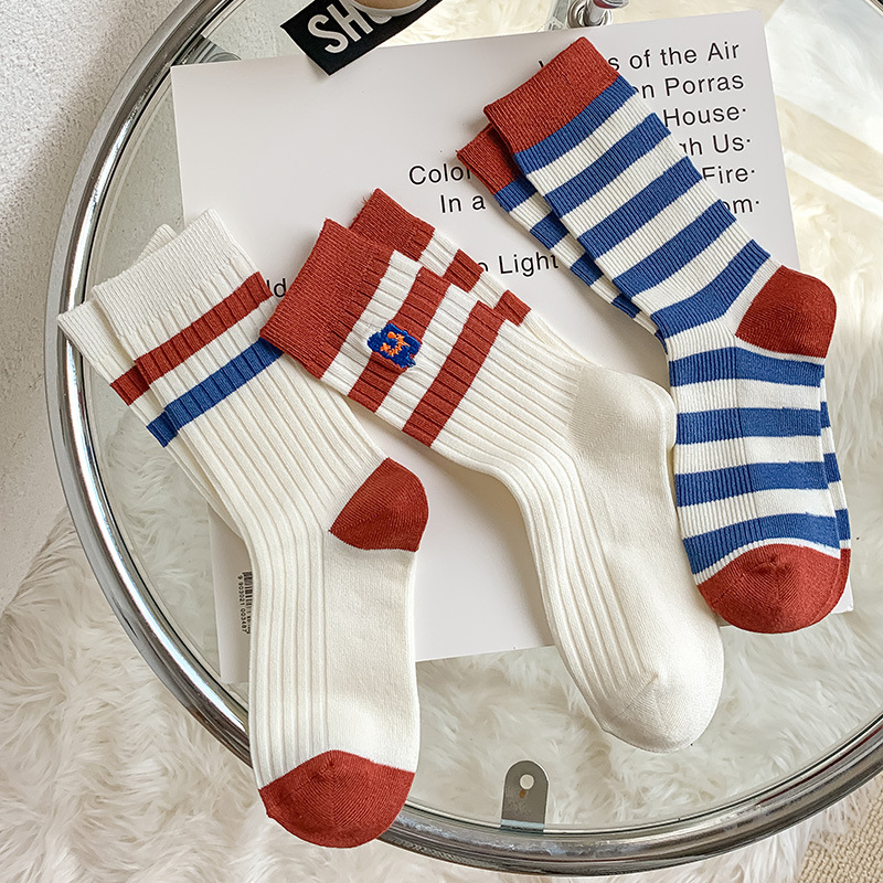 

Socks women's high top striped double needle sports cotton for autumn and winter