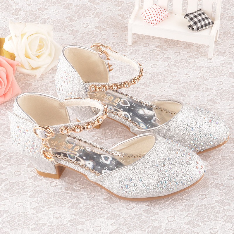 

Children's shoes shiny gold chian moon spring and autumn girls' Diamond low heel princess shoes pearl tide flower gilrs' Kitten heels