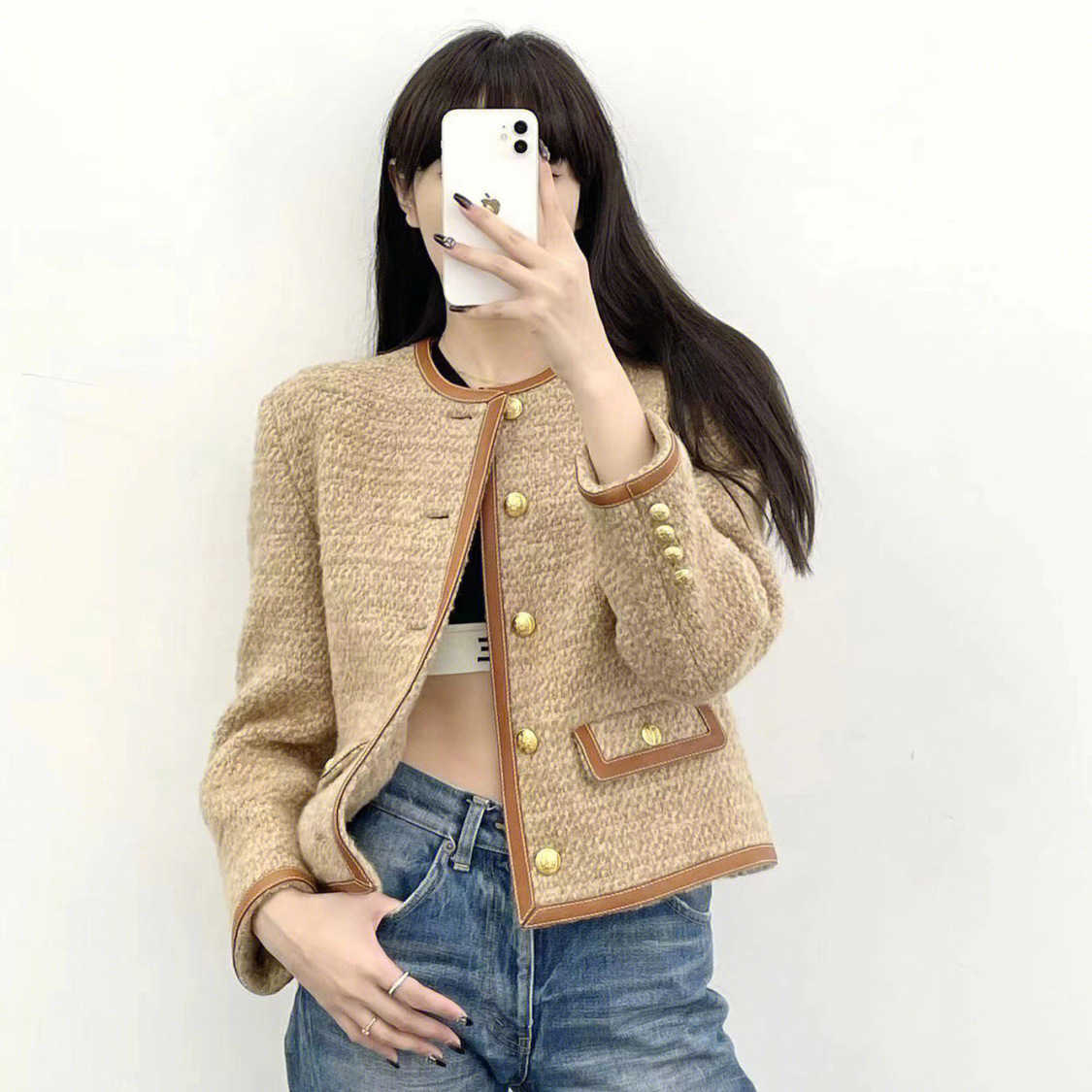 

Women's Sweater Coat Cell 22FW Celebrity Brown Leather Edge Tweed Wide Round Neck Cardigan 22 Gold Button Small Long Sleeve Elegant UCI9, Camel