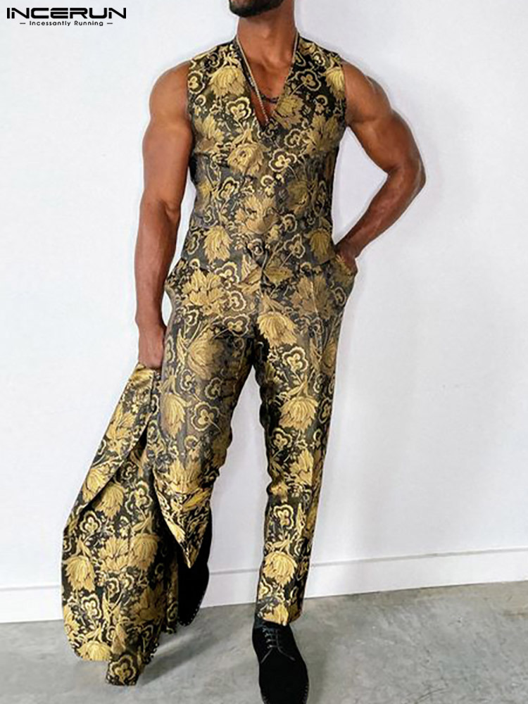 

Men's Tracksuits Sexy Stylish Well Fitting Suit INCERUN Men Printed Pattern V-neck Sleeveless Waistcoat Trousers Sets Casual 2 Pieces S-5XL 221201, Yellow