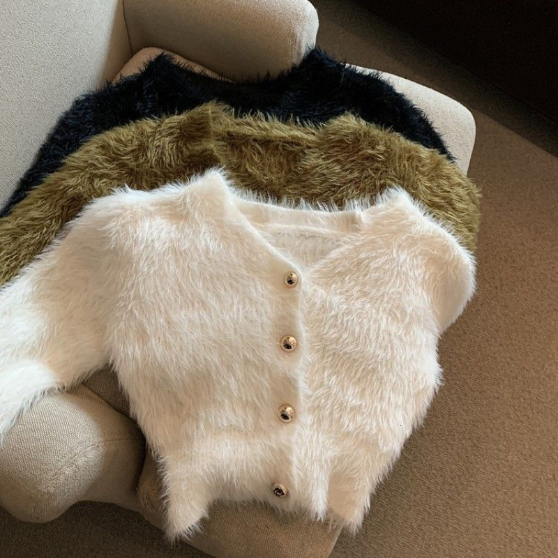 

Women' Knits Tees V Neck Cropped White Mohair Knitted Cardigan Retro Casual Lazy Oversized Sueters Sweaters for Women Solid Fur Clothes Jacket 221201