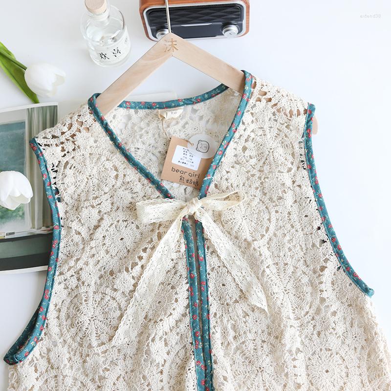 

Women's Vests Autumn Winter Women All-match Mori Kei Japan Style Loose V-neck Comfortable Hollow Out Crochet Lace Sleeveless Tank, Beige white