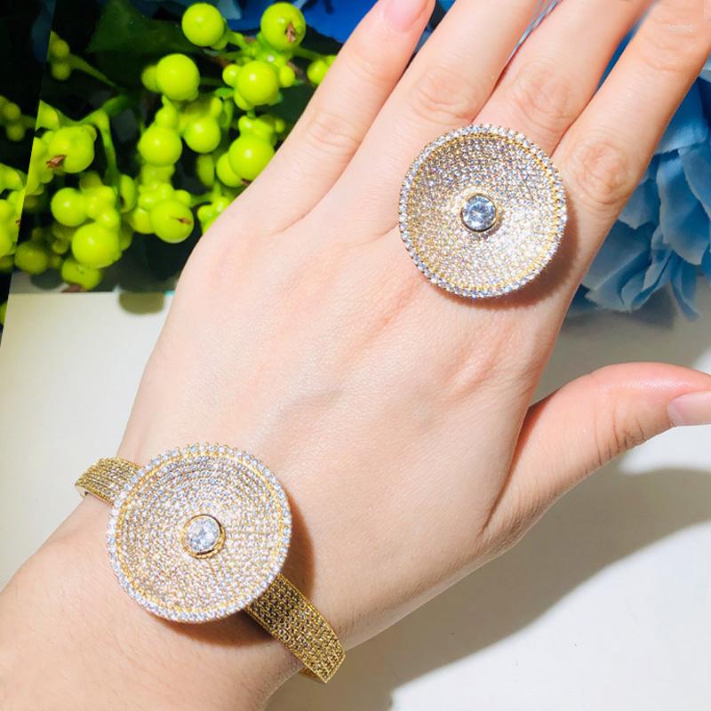 

Necklace Earrings Set CWWZircons Cubic Zircon Stone Dubai Gold Plated Big Wide Round Women Wedding Party Bangle Rings For Brides T395, Picture shown