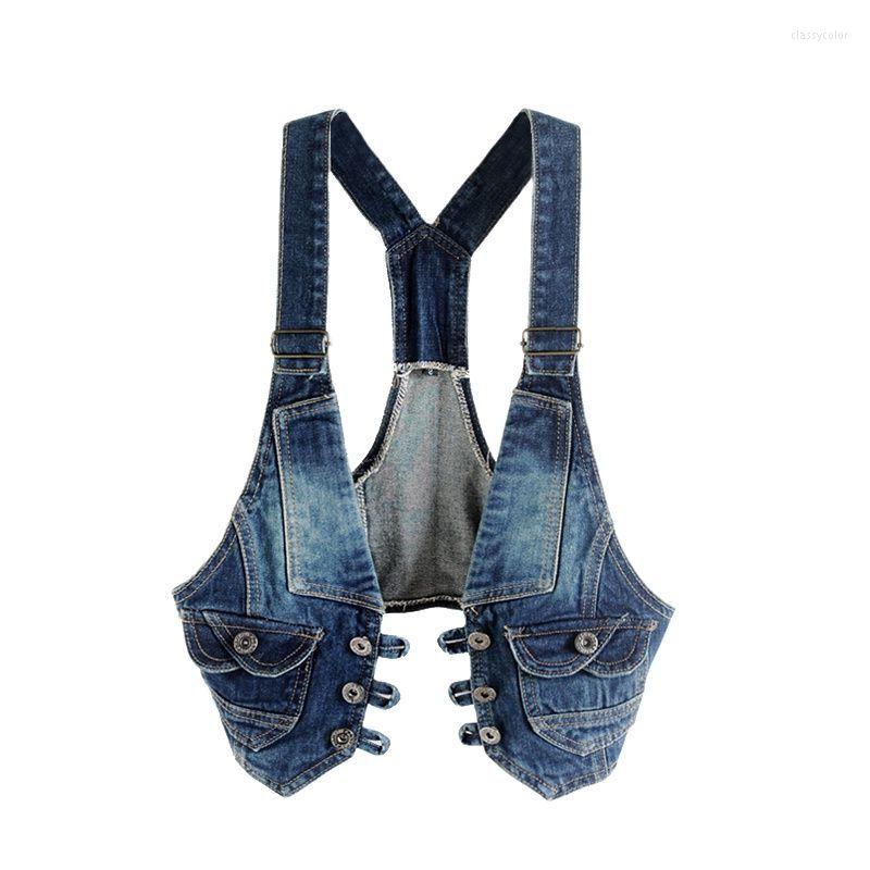 

Women' Vests Women Summer Waistcoat Denim Sleeveless Casual Outerwear Female Short Tops Cool Single-Breasted Blue Sling Moto Biker, Light blue