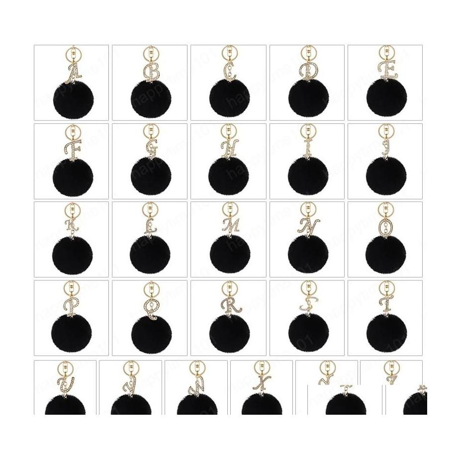 

Key Rings Fashion Letters Keychain Trendy Creative Black Fluff 26 English Letter Initial Diamond Handbag Key Ring Accessories For Wo Dhz5K