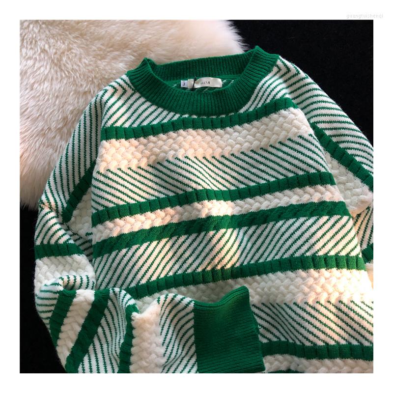 

Women's Sweaters Women's O Neck Retro Striped Sweater Pullover Casual Loose Long Sleeve Autumn Drop Shoulder Knit Tops Keep Warm, Green