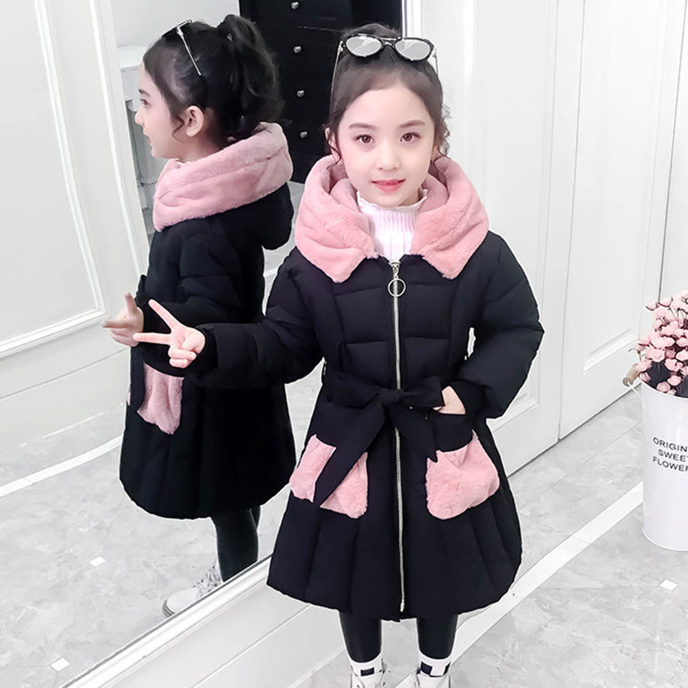 

Down Coat Children Winter Jacket for Girl Hooded snowsuit cotton Clothes Outerwear Long Teen parka clothing overcoat 221130, Black