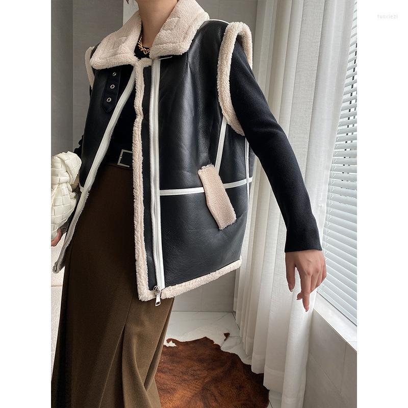 

Women's Vests Warm Thick Fashion Fleece Fabric Women Coat Jackets Vest Sleeveless Pockets PU Leather Streetwear Lady Tops Outwea Clothing, Black