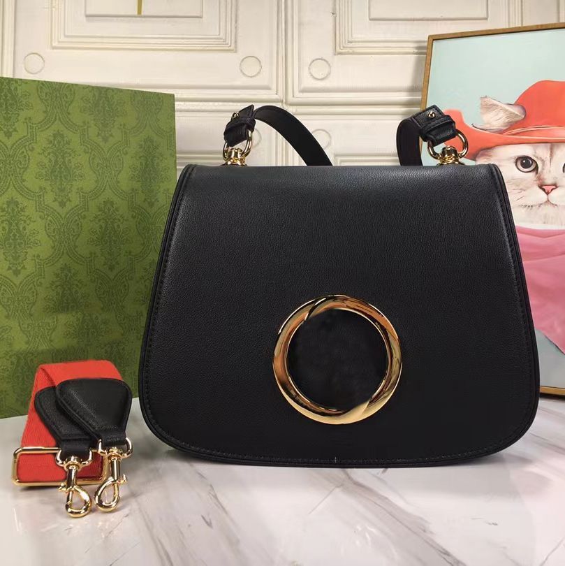 

New shoulder bag 699210 round interlocking double letter with 2 strands women's fashion leather bag cross-body bag wallet, Black