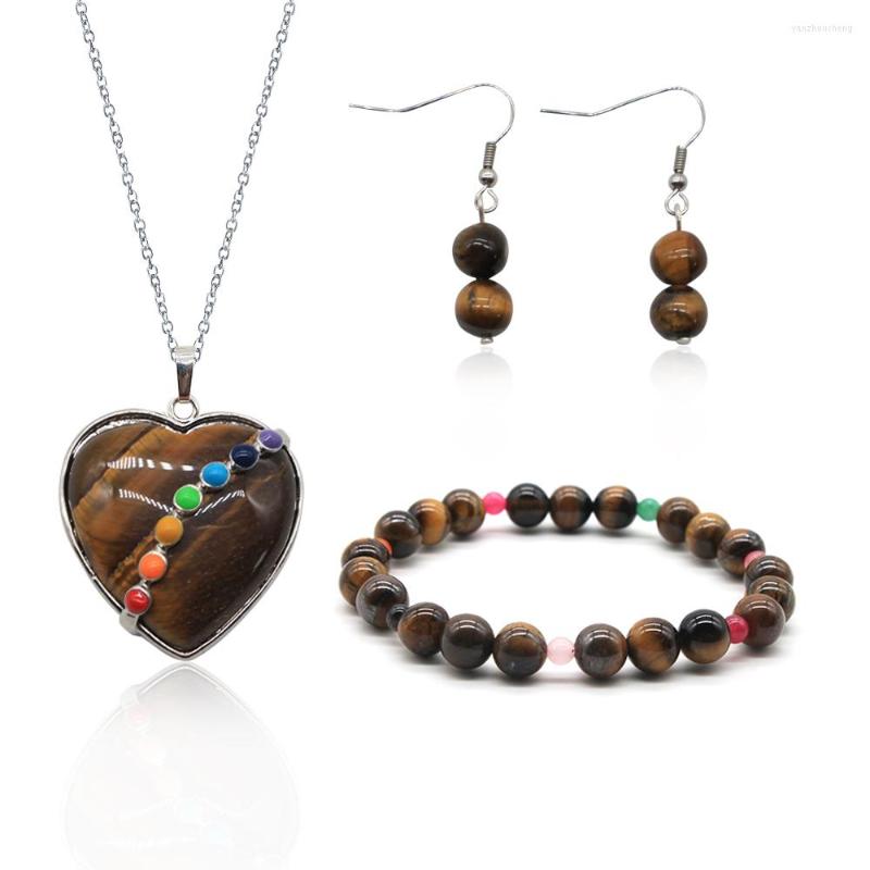 

Necklace Earrings Set Tiger Eye Stone Women Jewelry Heart Gemstone Pendant Brown Bracelet DIY Handmade GS024, Picture shown