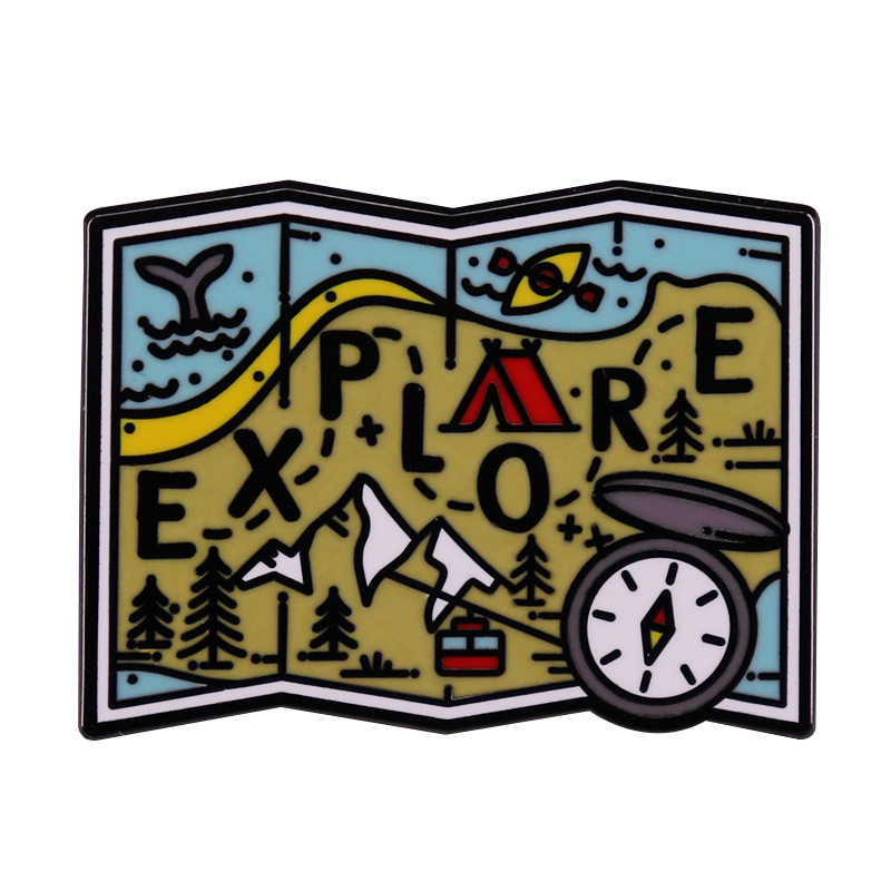 

Cartoon Explore Adventure Map Landscape Enamel Brooch Pin Lapel Hard Metal Pins Brooches Badges Exquisite Jewelry Accessories, As picture