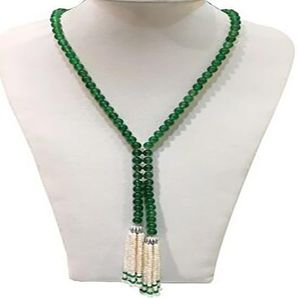 

Super beautiful natural 8mm green jade freshwater pearl tassel necklace 25"