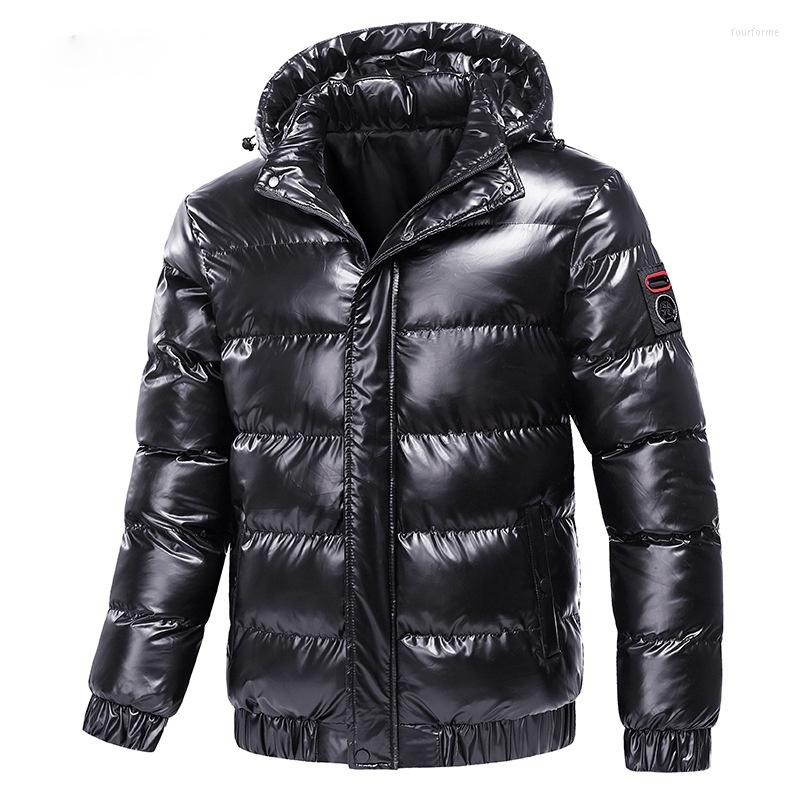 

Men's Down Autumn Men's Coat Windbreaker Fashion Male Cotton Warm Parka Shiny Hood Casual Outerwear Thermal Black Bomber Jackets Men