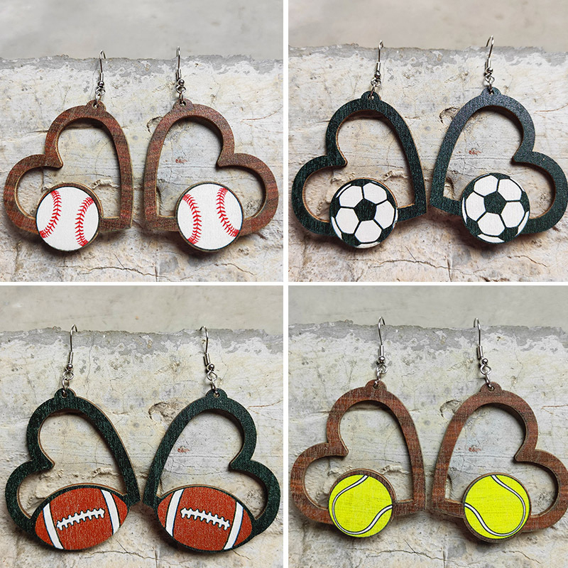 

Heart Earrings Charm Wooden Football Basketball Soccer Pendant Earring Studs Fashion Accessories