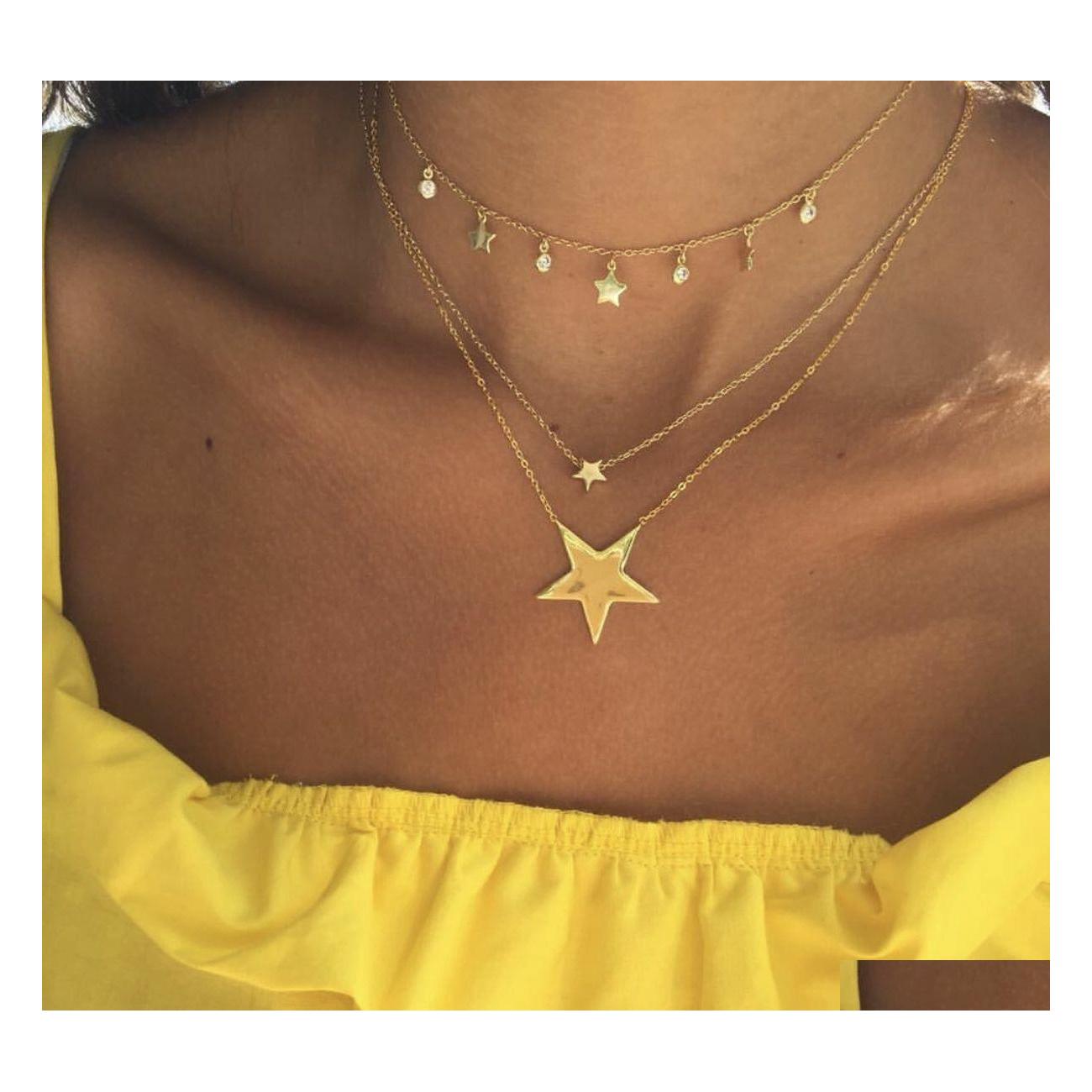 

Pendant Necklaces Fashion Simple Rhinestone Pentagram Star Pendant Mtilayer Necklace All Match Necklaces For Womens Gold Plated Drop Dhw5O