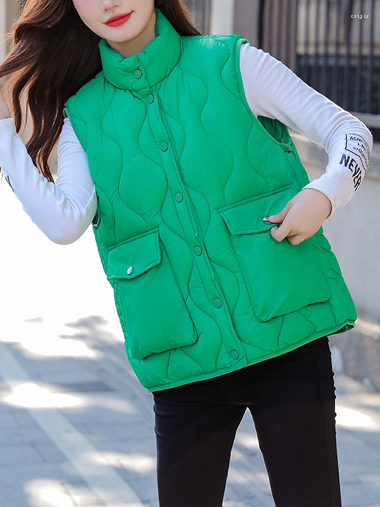 

Women's Vests Autumn Women Stand Collar Slim Sleeveless Cotton Vest Casual Female Single Breasted Pocket Warm Wadded Waistcoat, Beige