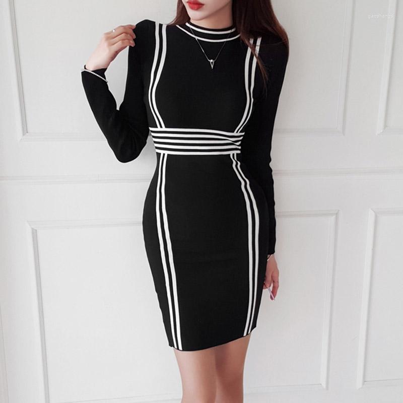 

Casual Dresses Runway Fall Winter Korean Elegant Women's Stripe Sweater High Quality Sexy Bodycon Warm Knitted Black Vestido, Picture color