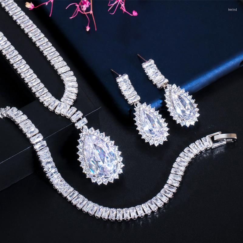 

Wedding Jewelry Sets CWWZircons Very Shiny White Big Water Drop Cubic Zircon Women Necklace And Earrings Bridal Party Dress T437