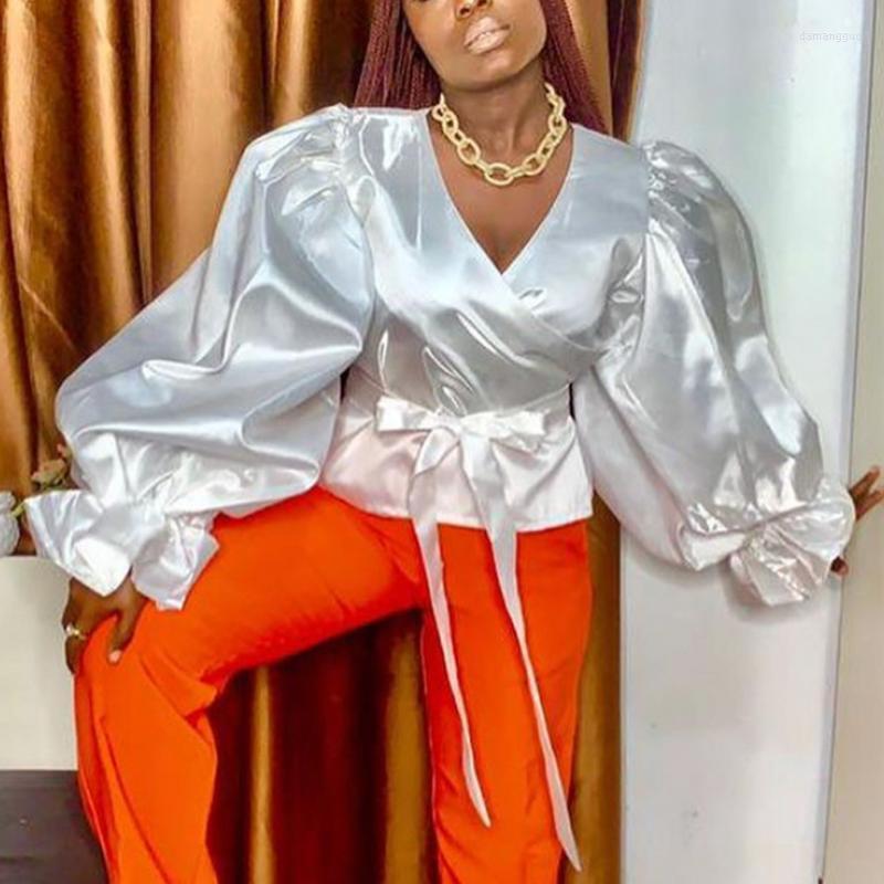 

Women' Blouses Women' & Shirts White Women Casual Bow Long Lantern Sleeve V Neck Waist Belt Elegant Spring Autumn Fashion Solid Color, Pink