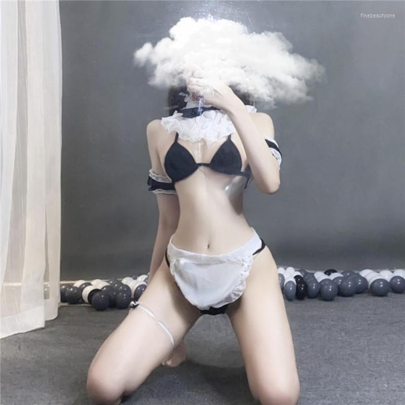 

Bras Sets Sexy Lingerie Three-point Pajamas Maid Uniform Underwear Passion Cosplay Costume Set, Black