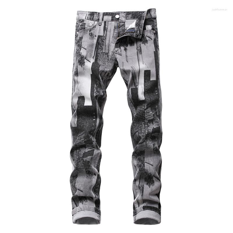 

Fashion Gray Jean Pattern Printed Slim Traight Stretch Denim Pants