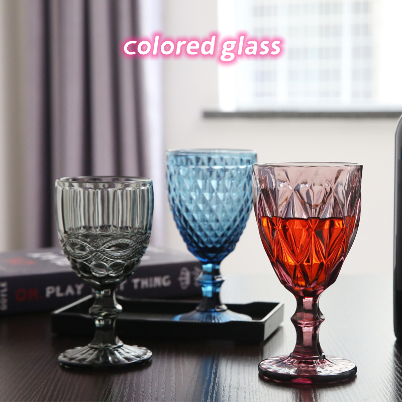 

Wholesale 240ml 300ml 4 colors European type relief colored glass wine glasses thickened tall vintage wine ware Z11