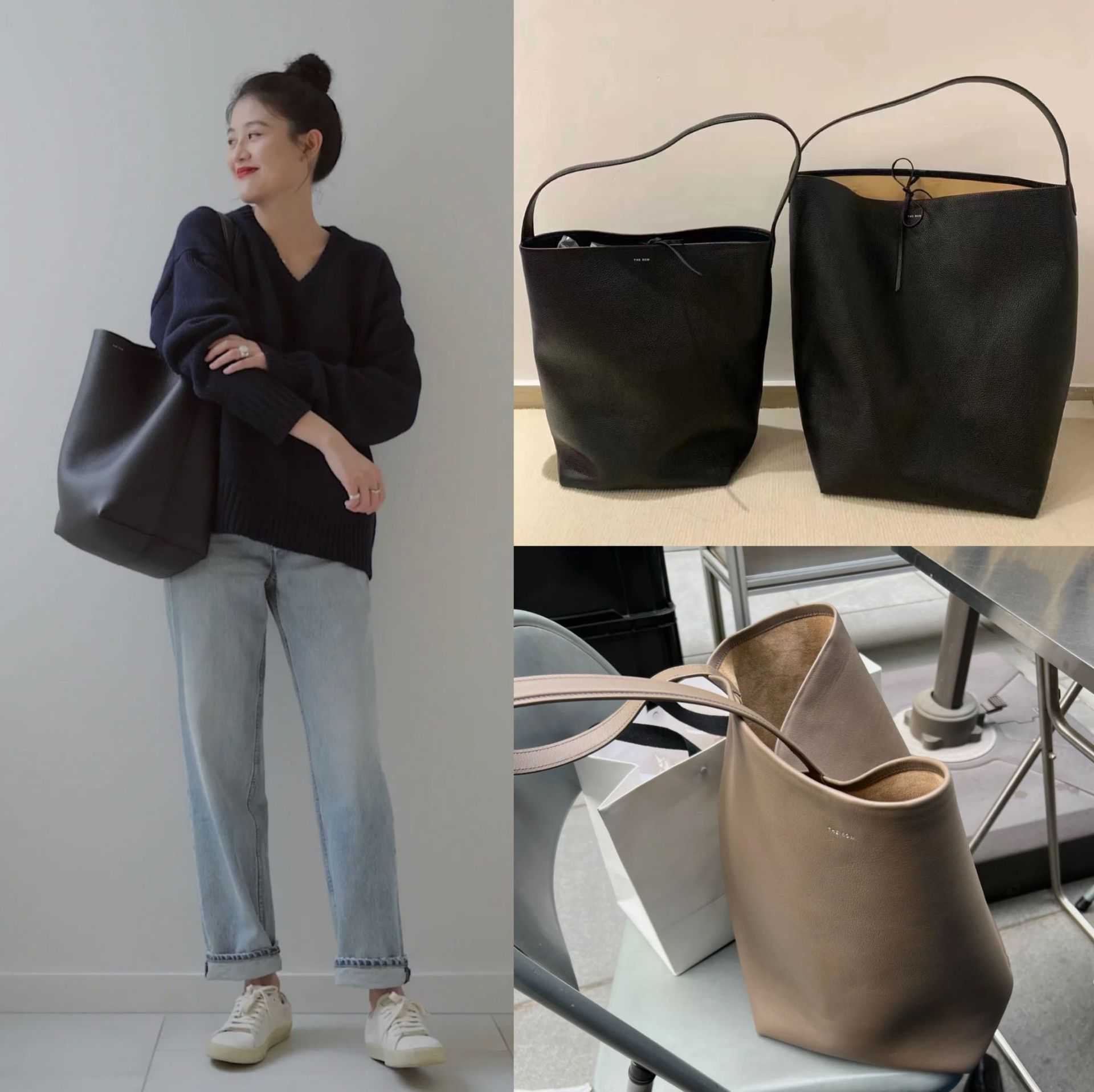 

The Row Bag Designer leather high-capacity commuter tote with advanced sense one shoulder bucket, Black medium size