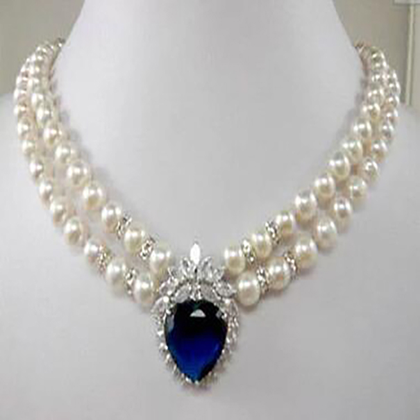 

New Fashion jewelry 2 row white pearl blue heart crystal Pendant Necklace