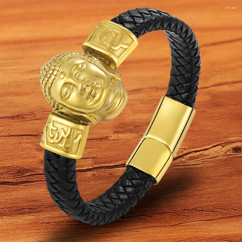 

Charm Bracelets TYO Braided Golden Magnetic Rope Leather Bracelet Men Black Bangle Wristband Buddhism Buddha Religion Jewelry Accessories