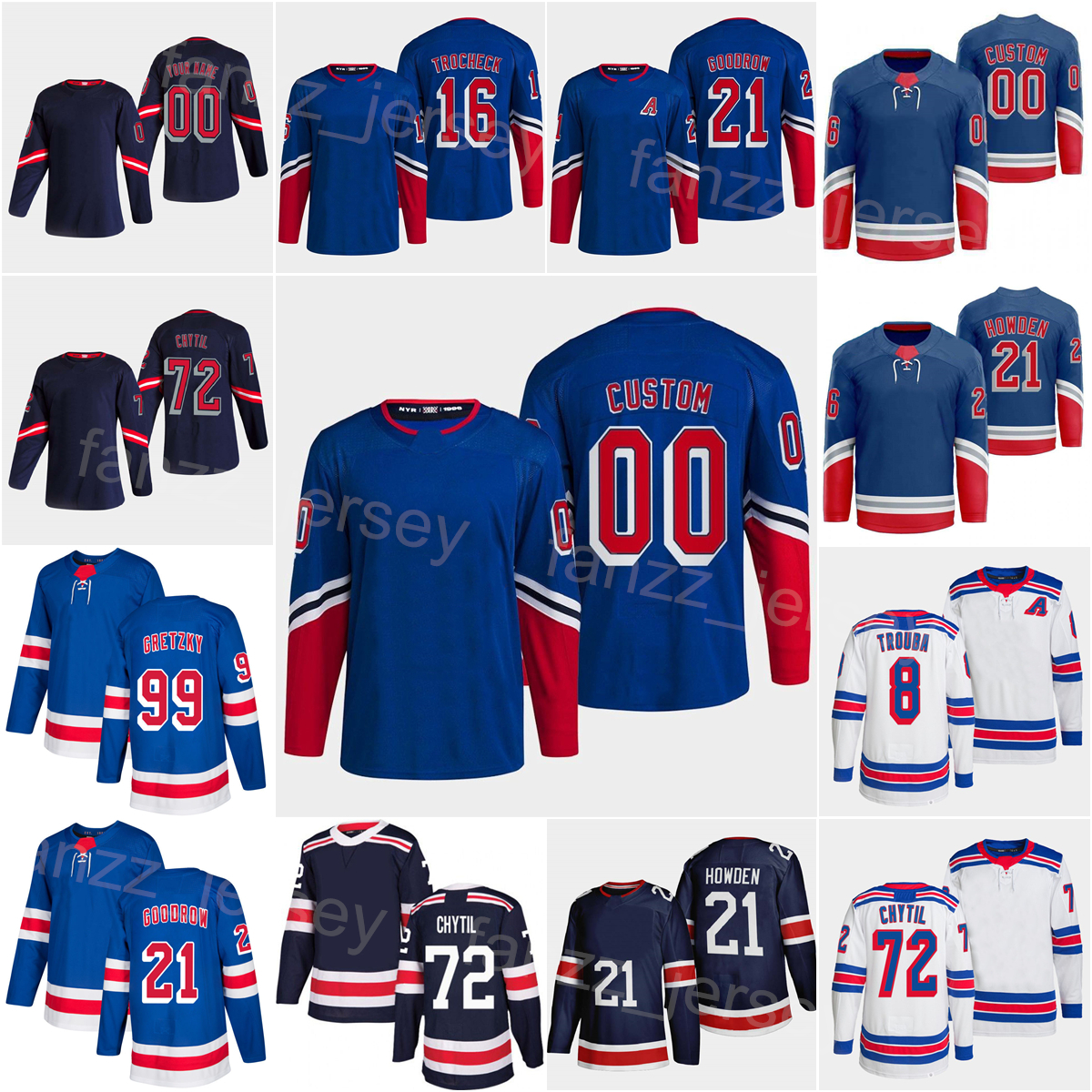 

2023 Reverse Retro Hockey 8 Jacob Trouba Jersey 21 Barclay Goodrow Filip Chytil KAndre Miller Dryden Hunt Ryan Reaves Vincent Trocheck Ryan Lindgren Man Woman Youth, Navy blue