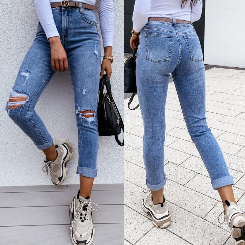 

Women' Jeans Women Autumn Street Hipster Trousers Slim-Fitting Ankle-Tied Slimming Holes Mid Waist, Blue