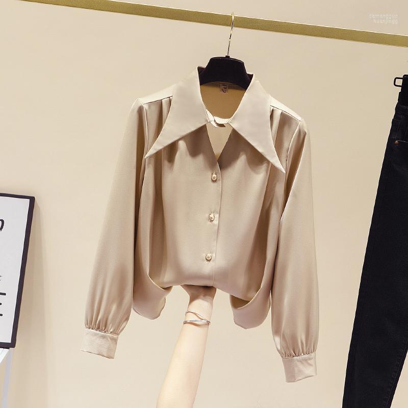 

Women' Blouses Women' & Shirts Pure Color Shirt Women 2022 Spring Style V-neck Lapel Decoration Puff Sleeve Chiffon Top Fashion, Khaki