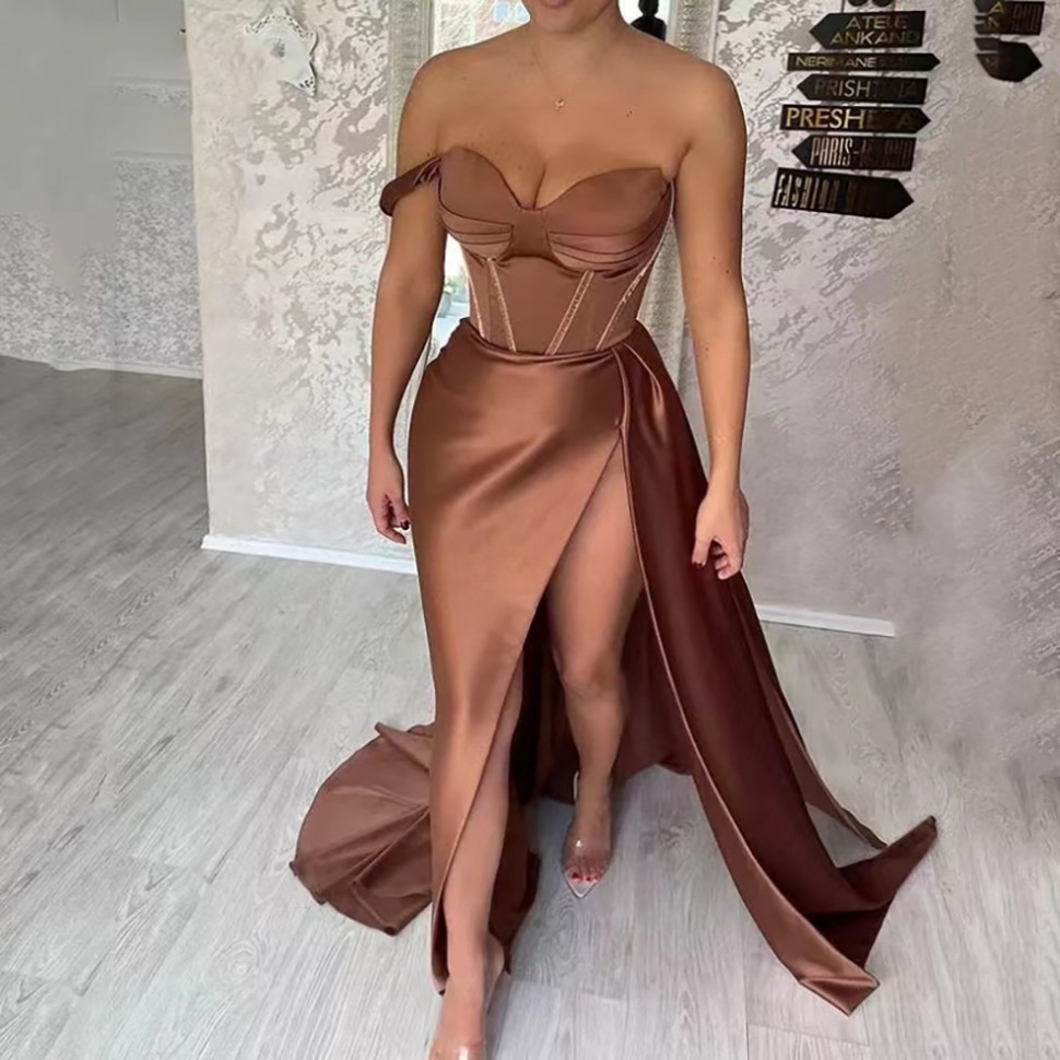 

Coffee Mermaid High Split Evening Dresses 2023 Satin Elegant Simple Sexy One Shoulder Women Prom Party Gowns Abendkleider Robes de Soiree, Dark green
