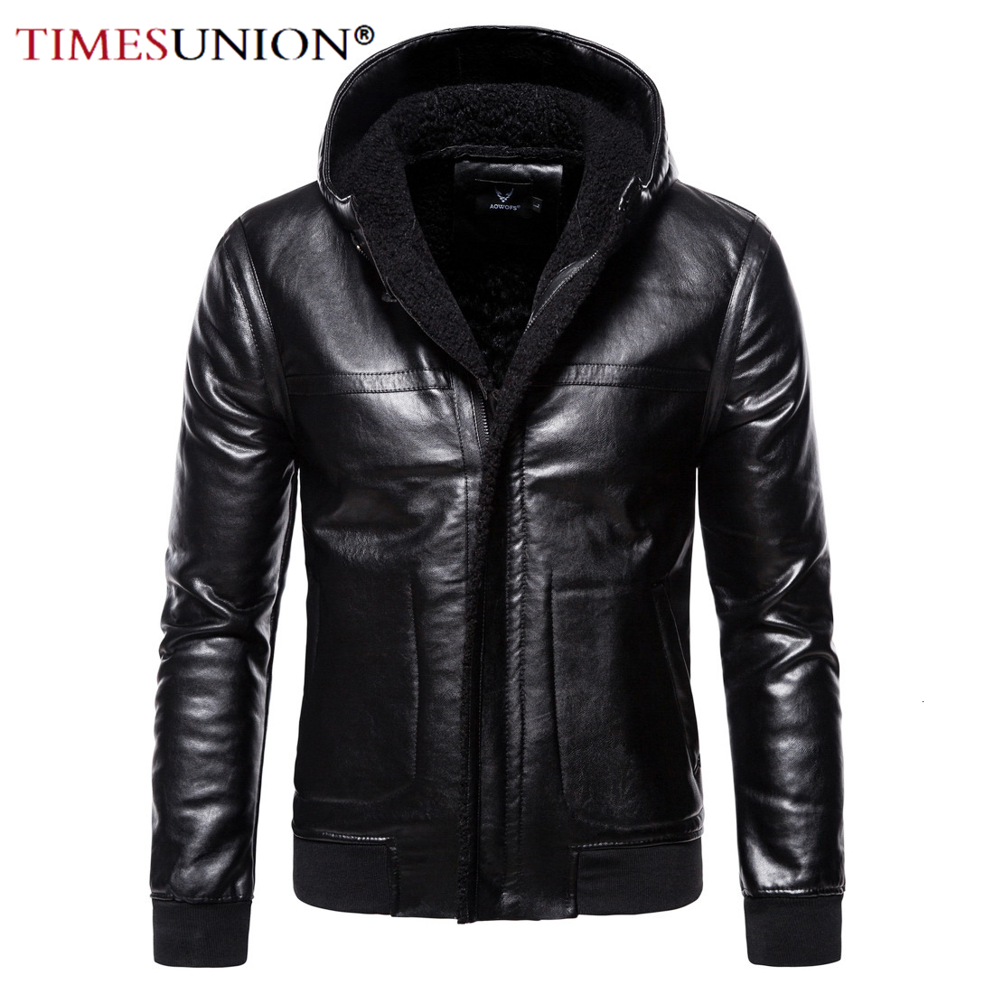 

Men's Leather Faux Casual Hooded Slim Fur Coat Solid Color Jacket Winter Zipper Patchwork Coats 221201, Black