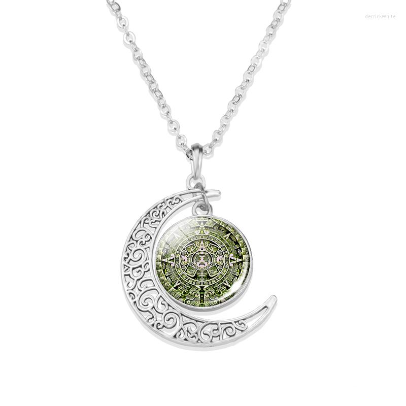 

Pendant Necklaces Aztec Calendar Crescent Necklace Mexico Mayan Art Glass Cabochon