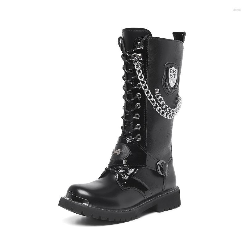 

Boots Men Fashion Motorcycle Mid-calf Military Combat Gothic Belt Punk Shoes Hightop Casual Steel Toe, Black