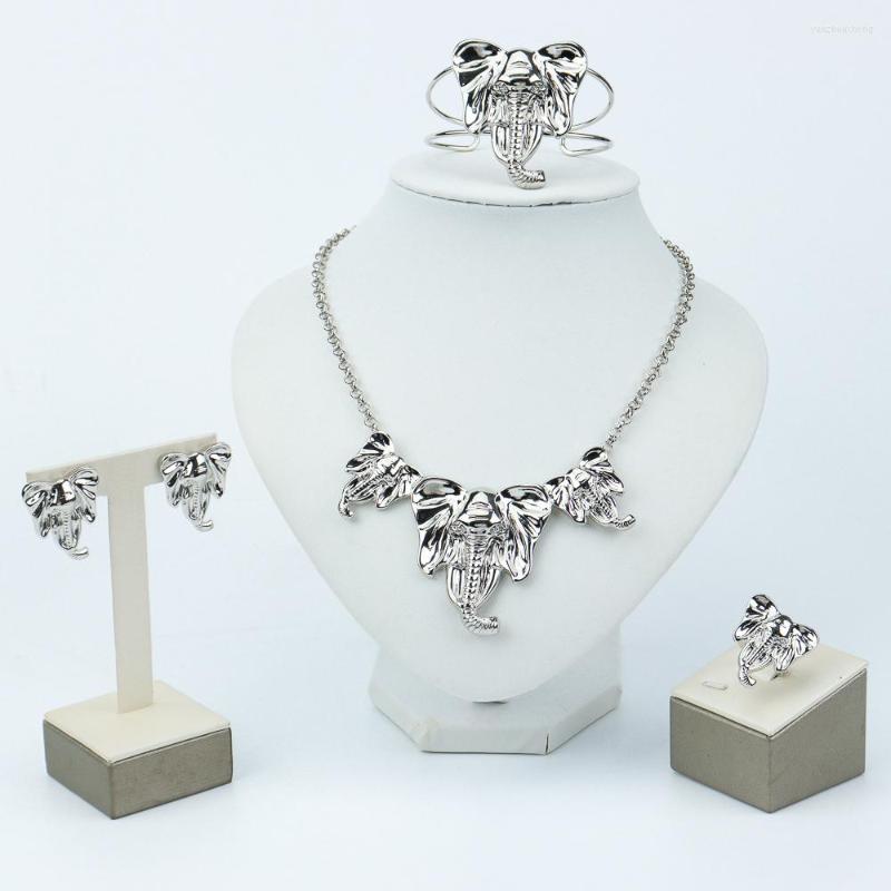 

Necklace Earrings Set Elephant Pendant Jewelry Silver Plated African Ring Bracelet Sets For Women Wedding Party Gift, Picture shown