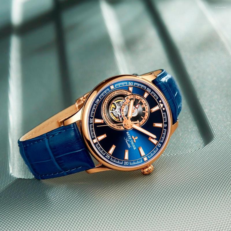 

Wristwatches Reef Tiger/RT Dress Tourbillon Men Automatic Watch Mechanical Blue Dial Analog Rose Gold Tone Leather Strap Clock RGA1639, Rga1639-ywb