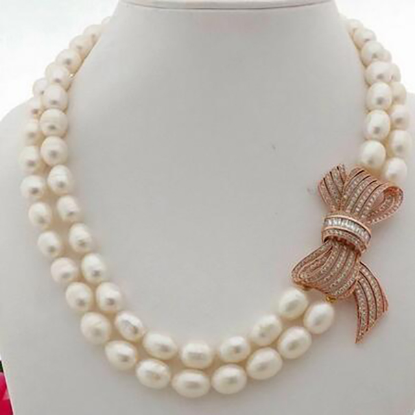 

fashion 17-20" 2 Strands White freshwater Pearl bowknot connector necklace women