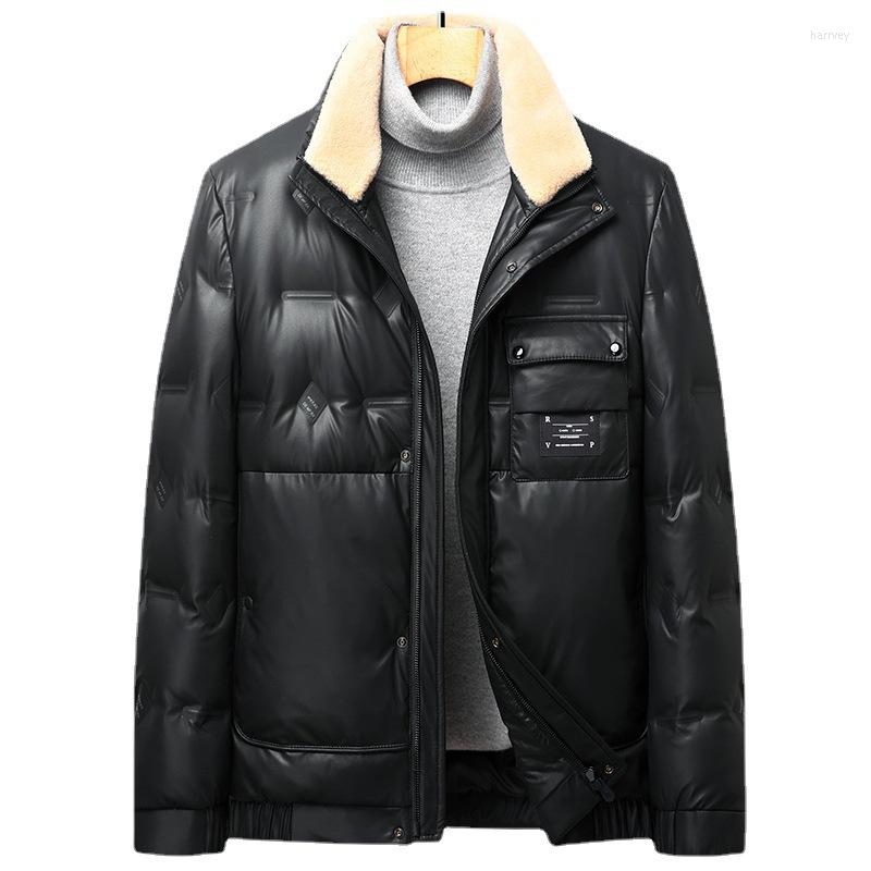 

Men's Down Men's Leather Faced Jacket Detachable Fur Collar White Duck Coats Thicken Warm Stand Overcoat, Black