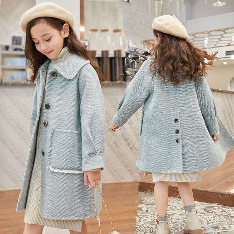 

Coat Children Girl Wool Blends Jacket For Spring Autumn Fashion Single Breasted Turn Collar Big Pockets Solid s 221130, Blue