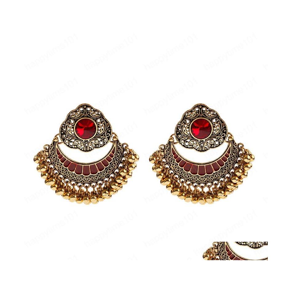 

Dangle Chandelier Bohemian Womens Red Rhinestone Wedding Dangle Earrings Retro Ethnic Gold Alloy Tassel Beads Jhumka Earring Drop Dhtpn