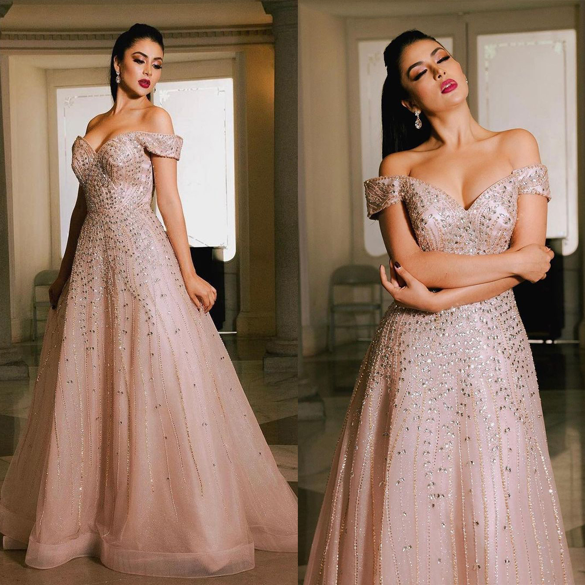 

Pink Luxury New Arrival Evening Dresses V Neck Off Shoulder Sleeveless Lace Floor Length Beaded Diamonds Sequins Appliques Prom Dress Formal Plus Size Tailored, Coral