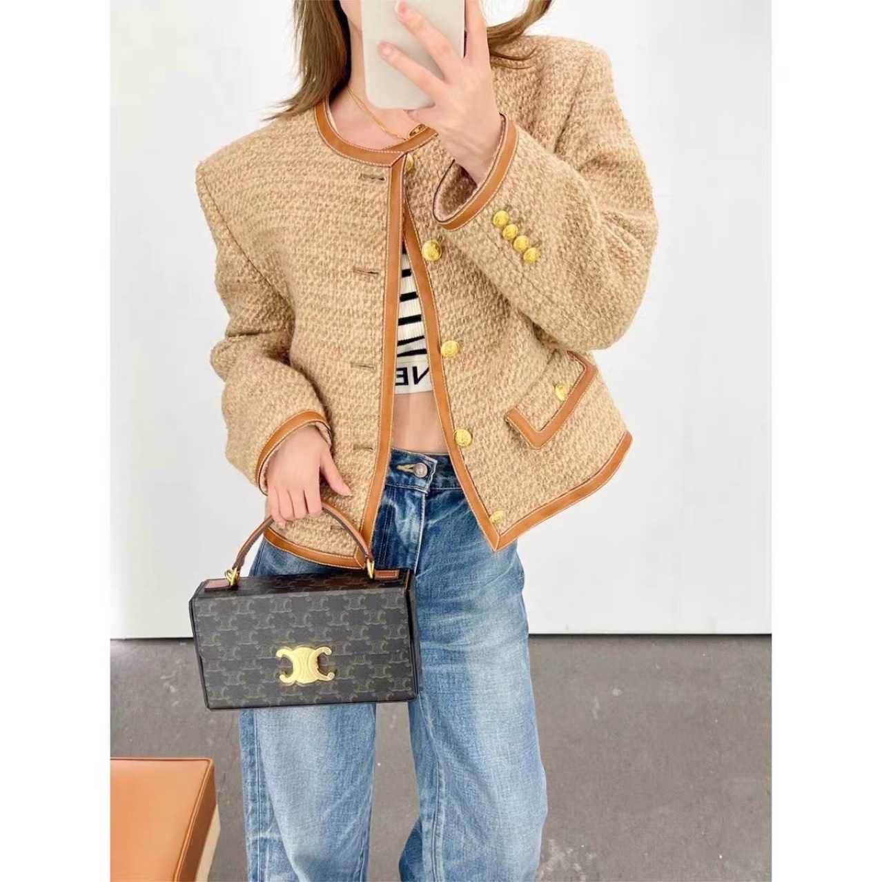 

Women' Sweater Coat Cell 22FW Celebrity 22 Autumn and Winter Wool Tweed Leather Patchwork Gold Buckle Short CoatElegant Classic F 9EZK, Picture color
