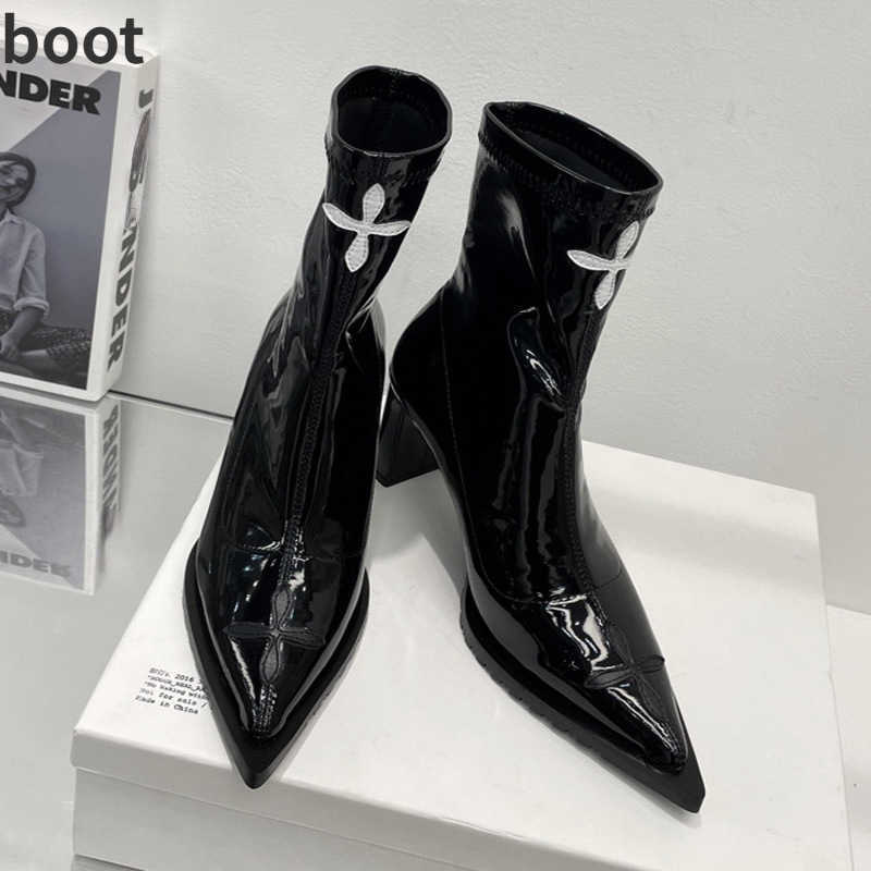 

Winter Boots Luxury Designer Early Spring New Pointed Short Boots Women's Sleeve Thick Heels Fashion Elastic Thin 221130, Black matte