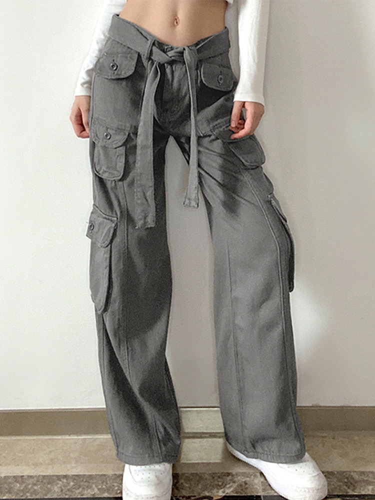 

Women's Pants Capris Drawstring Denim Women Cargo Long Loose Streetwear Straight Female Jeans Fashion Girl Casual Wide Trousers in 221201, Black