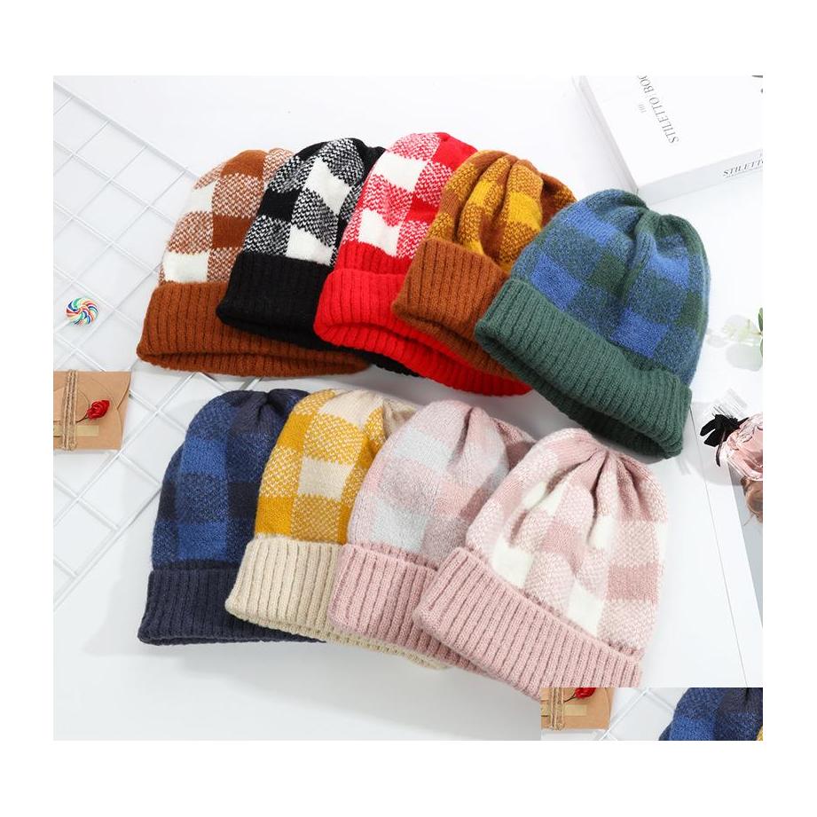 

Beanie/Skull Caps Autumn Winter Women Knitted Hat Plaid Warm Beanie Skl Caps Knitting Hats Drop Delivery Fashion Accessories Scarves Dhxwl, Navy-blue