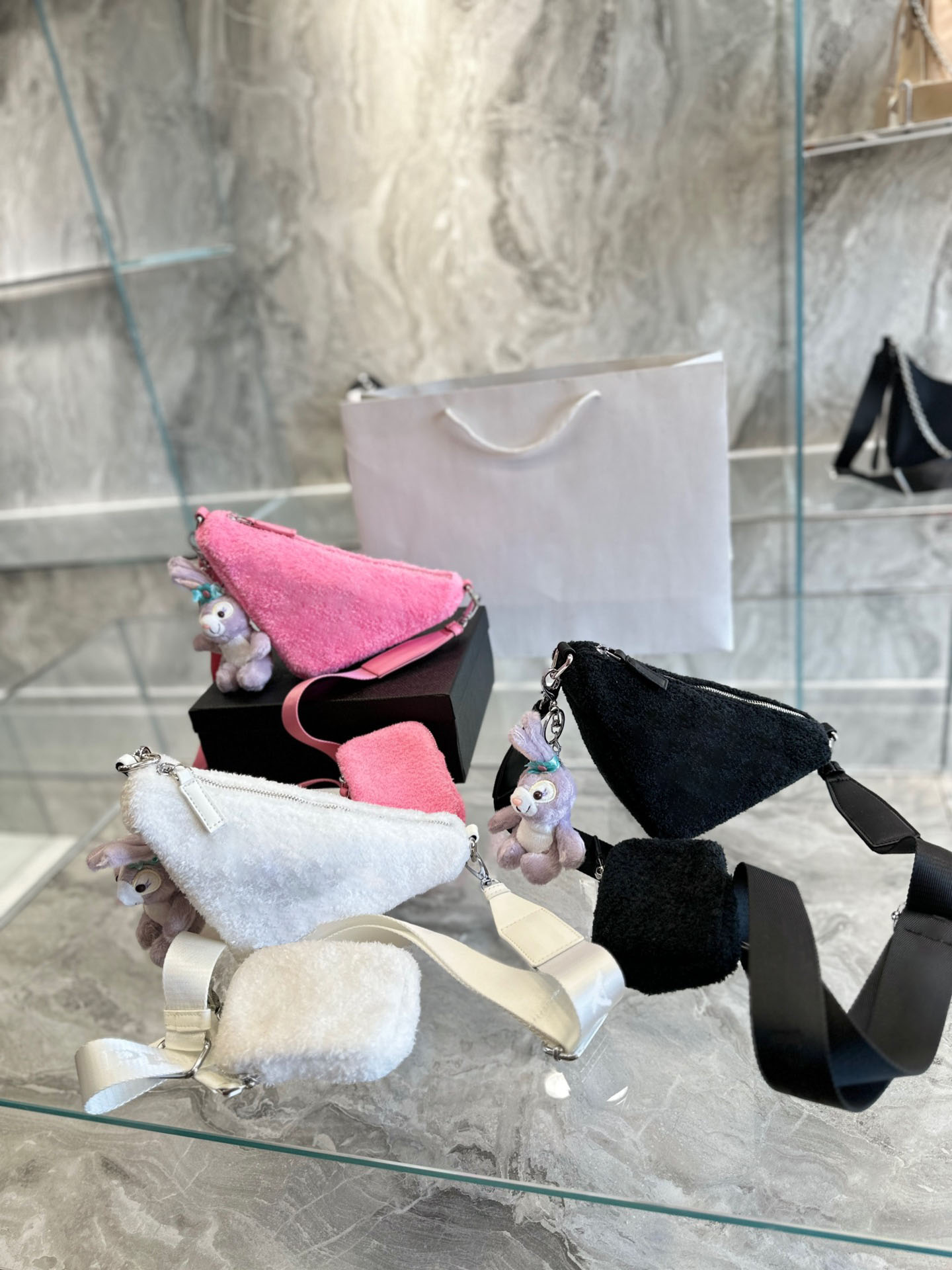 

2-in-1 Triangle bag luxury shoulder bags Designer women handbag winter plush fashion brand Crossbody bag furry purse coin wallet, White