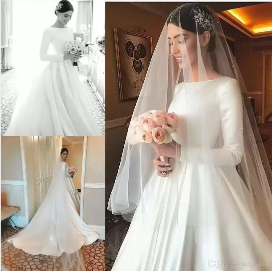 

Plain Designed Satin Wedding Dresses 2023 Modest Long Sleeve Beteau Neckline Court Train Bridal Gowns Formal Robe de mariage BC4510, White