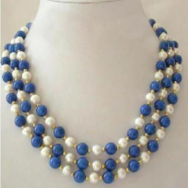 

3 Rows 7-8mm Real White Pearl Lapis Lazuli Clasp Women Girl Party Necklace